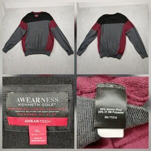 Kenneth Cole AWEARNESS Sweater Mens XL Gray‎ Burgundy Merino Wool Slim Fit